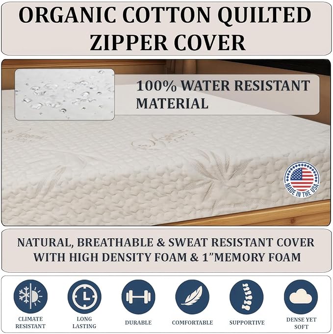 Foamma 4" x 30" x 75" Gel Memory Foam Mattress for RV with Water Resistant Organic Cotton Cover, Firm High Density Foam Base, USA Made, CertiPUR-US Certified Foam