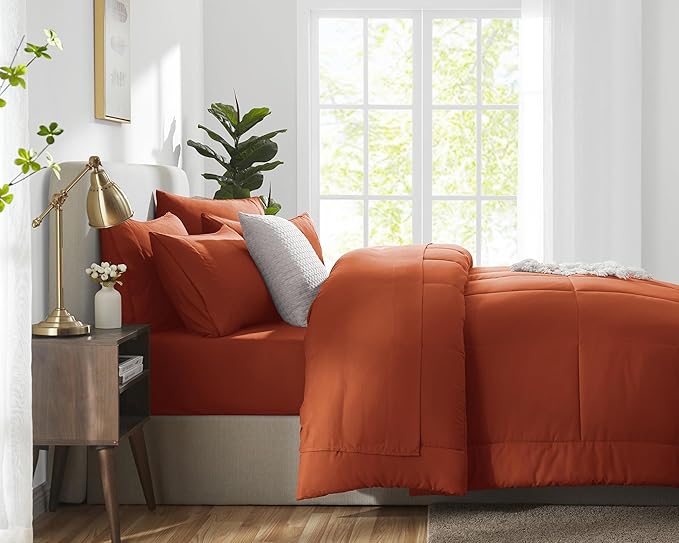 CozyLux King Size Comforter Set Terracotta, 7 Pieces Bed in a Bag, Burnt Orange Fall Comforter King Size, All Season Bedding Sets with Stitch Quilted Comforter, Flat Sheet, Fitted Sheet, Pillowcases