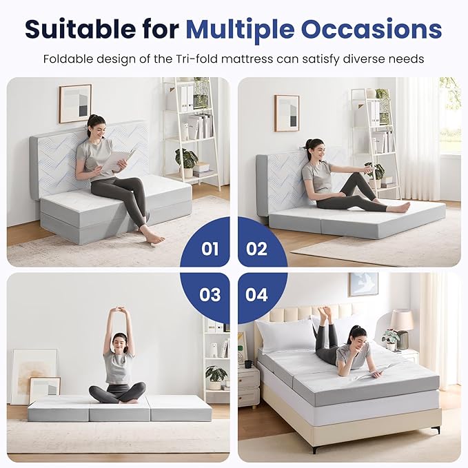 Foldable Mattress Queen 4 inch -Portable White Memory Foam Folding Matress with Washable Cover for Camping Travel Guest Room Home Use-Non-Slip&Easy Storage