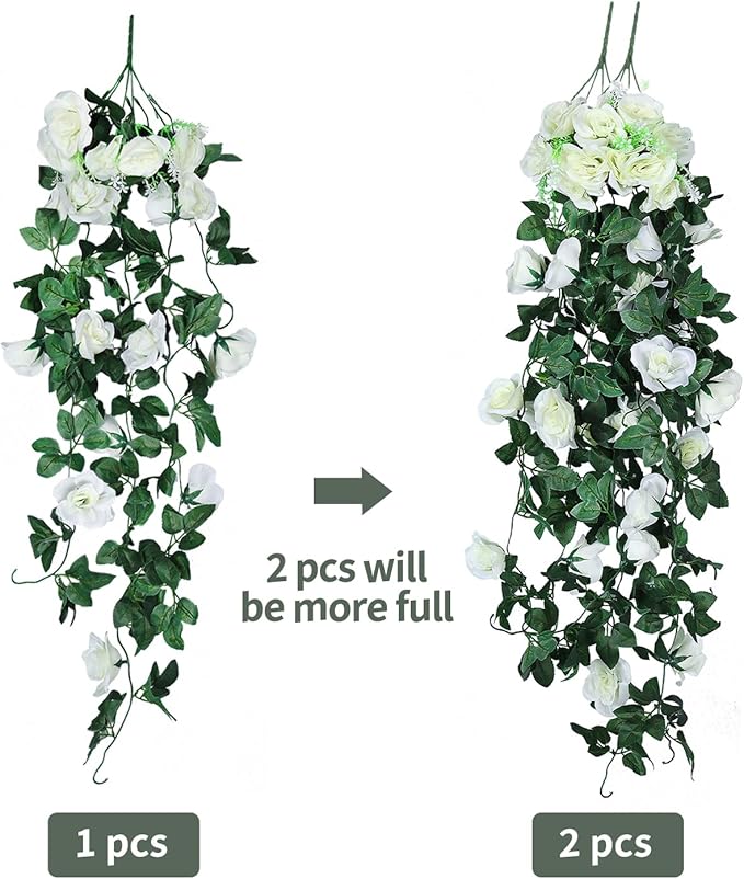 Artificial Hanging Rose Plant 4Pieces 3.3Ft Faux Ivy Plants Fake Outdoor Flowers Vines,UV Resistant for Wedding, Home, Office, Arch,Arrangement Decoration (White)