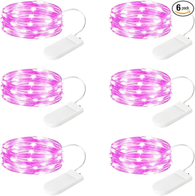 6 Pack LED Fairy Lights 7ft Battery Powered Waterproof, Silver Wire 20 Led Pink Mini String Mason Jar Lights for DIY Wedding Party Bedroom Patio Easter Christmas