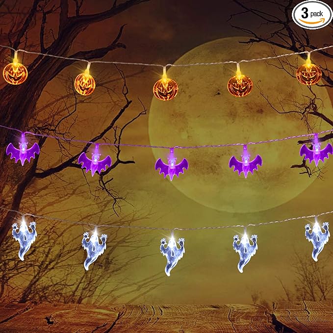 AOSTAR Set of 3 Halloween Lights (20 LEDs Orange Pumpkins, Purple Bats, White Ghosts), Battery Operated String Lights for Halloween Decorations Outdoor & Indoor