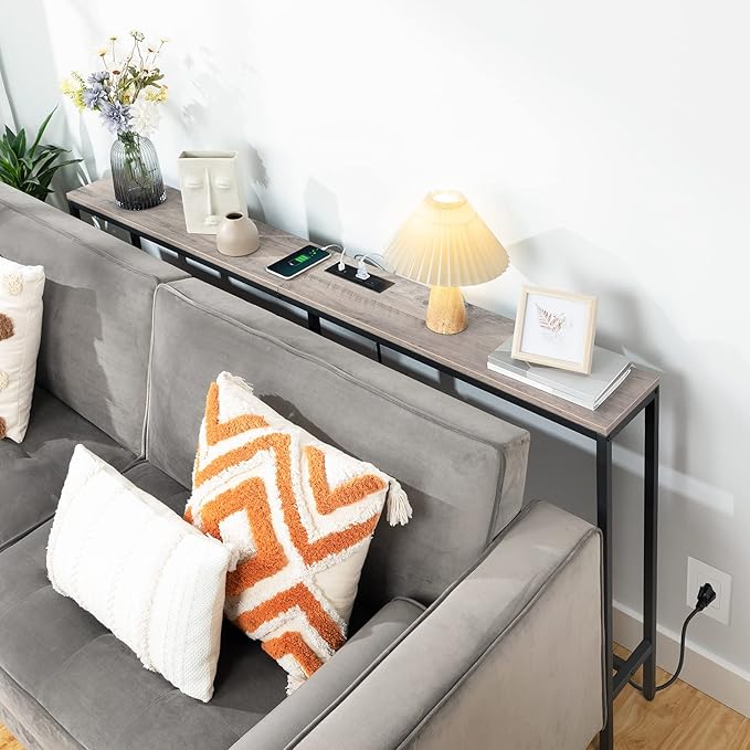 63" Console Table with Power Outlet, Narrow Sofa Industrial Entryway Behind Couch Table with USB Ports for Entryway, Hallway, Foyer, Living Room, Bedroom, Greige CTHG16E01Z1