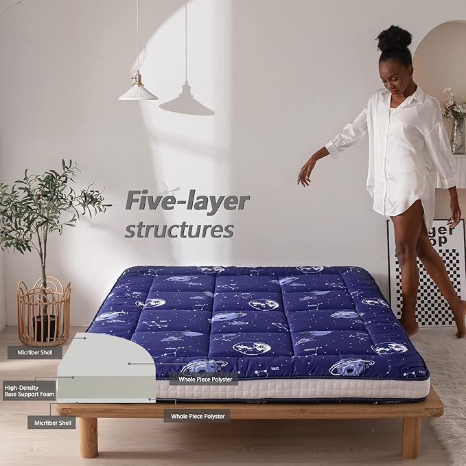 MAXYOYO Navy Space Adventure Futon Mattress, Padded Japanese Floor Mattress Quilted Bed Mattress Topper, Extra Thick Folding Sleeping Pad Floor Lounger Guest Bed for Camping Couch, Twin Size