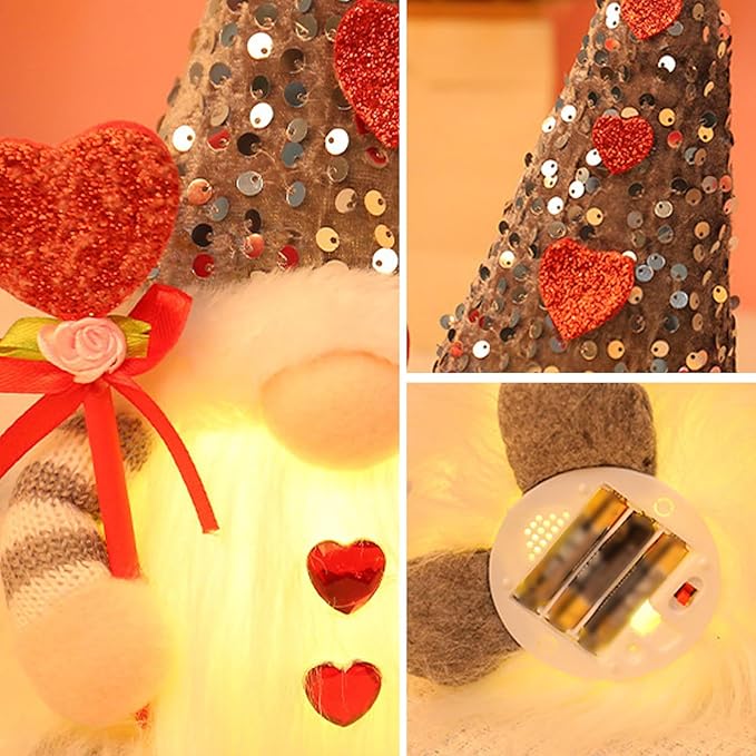Light Up Gnome Valentine's Day Decorations Indoor Home Decor 11" Lighted Valentines Gnomes Decor Plush Scandinavian Tomte Elf Holiday Gnomes Ornaments Valentines Day Gifts for Her (Red)