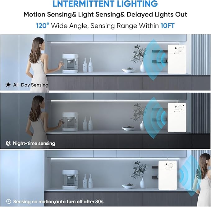 Battery Powered LED Strip Lights, COB Motion Sensor LED Strip Lights 20 inch x 3 Pack for Kitchen Under Cabinet Lighting, Shelves, Under Counter, Closet, Cordless Click Light, Cool White 6000K