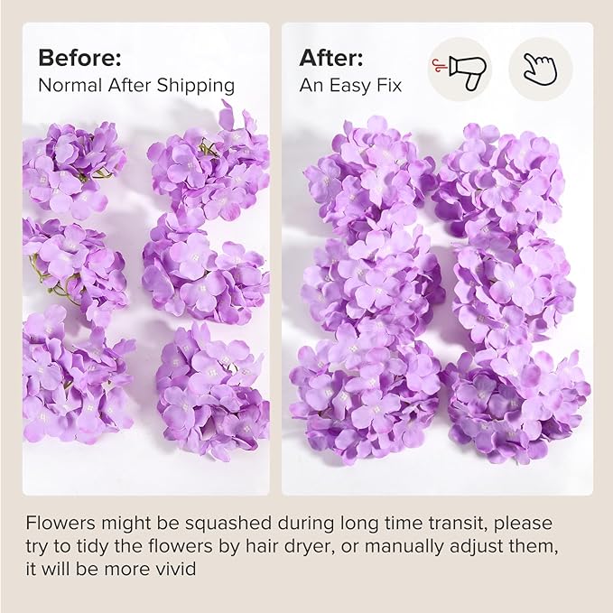 Auihiay 64pcs Hydrangea Artificial Flowers, Purple Artificial Hydrangea Flowers, Silk Hydrangea Heads with Stems for Garden, Home Party Baby Shower DIY Wedding Centerpiece (Purple)
