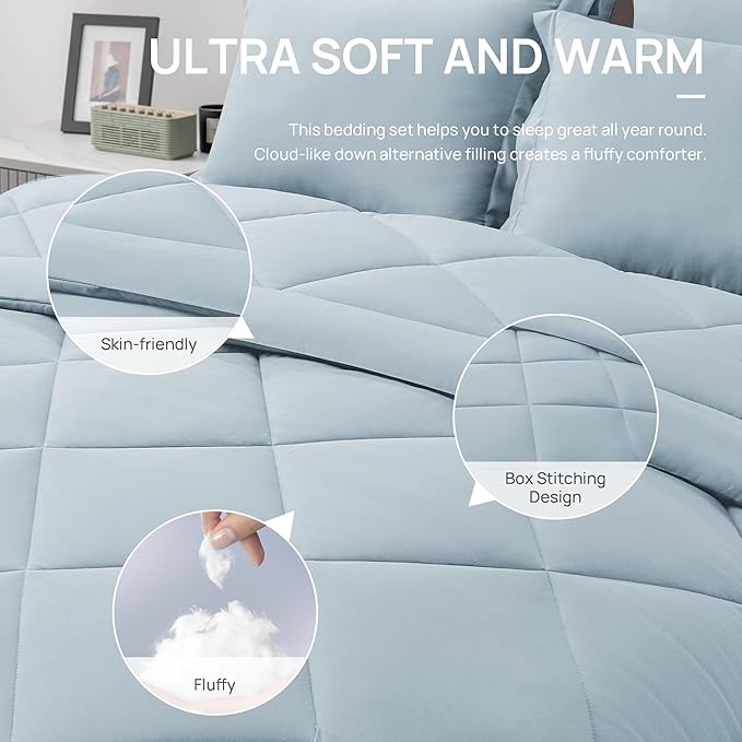 Love's cabin Full Comforter Set Light Blue, 7 Pieces Full Bed in a Bag, All Season Bedding Sets with 1 Comforter, 1 Flat Sheet, 1 Fitted Sheet, 2 Pillowcase and 2 Pillow Sham