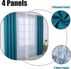 BONZER Mix and Match Curtains - 2 Pieces Branch Print Sheer Curtains and 2 Pieces Blackout Curtains for Bedroom Living Room Grommet Window Drapes, 54x95 Inch/Panel, Teal, Set of 4 Panels