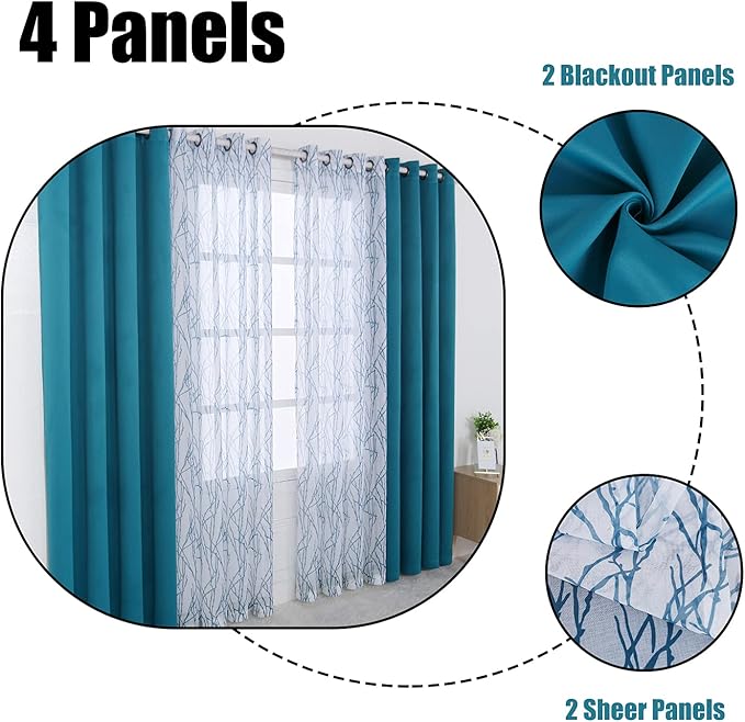 BONZER Mix and Match Curtains - 2 Pieces Branch Print Sheer Curtains and 2 Pieces Blackout Curtains for Bedroom Living Room Grommet Window Drapes, 54x95 Inch/Panel, Teal, Set of 4 Panels
