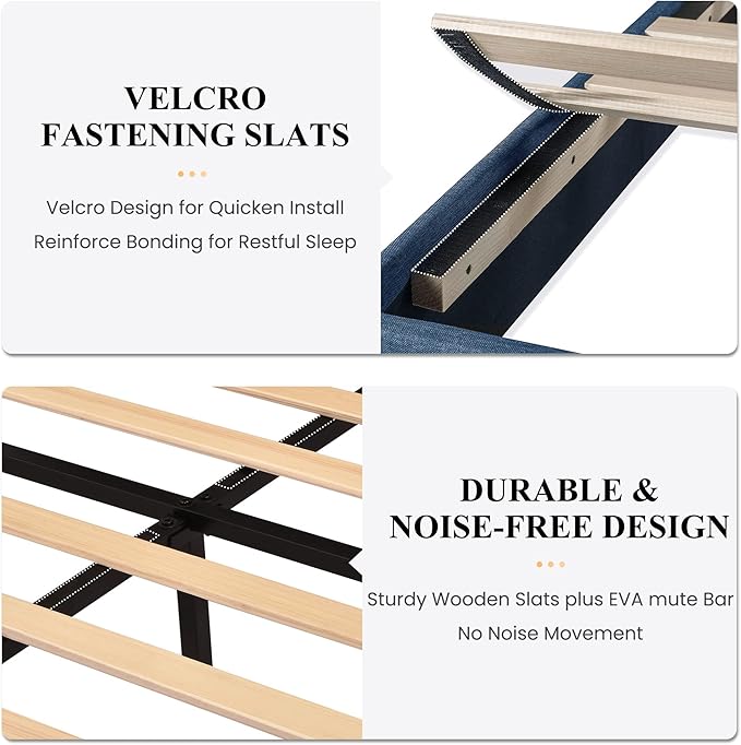 SHA CERLIN King Platform Bed Frame with Upholstered Fabric Headboard, Mattress Foundation with Strong Wooden Slats Support, No Box Spring Needed, Blue