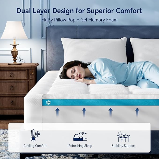 ELEMUSE RV Short Queen Dual Layer 3 Inch Memory Foam Mattress Topper, 2 Inch Cooling Gel Memory Foam Bed Pad and 1 Inch Soft Pillow Top Mattress Pad for Back Pain Relief & Hot Sleepers