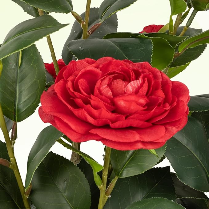 36” Artificial Camellia Tree 2 Packs, Faux Camellia Plant in Pot with Red Flowers, Greenery Camellia Tree for Spring Home Front Door Outdoor Indoor Decoration, Red