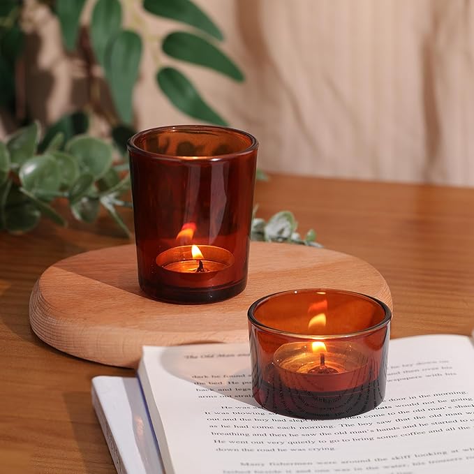 36pcs Assorted Amber Votive Candle Holders for Fall Decor, Amber Glass Candle Holder for Wedding Table Centerpiece, Tealight Candle Holder for Party, Thankgiving and Christmas Decorations