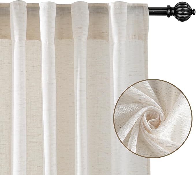 RYB HOME Linen Sheer Curtains Extra Long Window Drapes Light & Airy Translucent Panels for Bedroom Living Room, Office, Nursery, Rod Pocket Back Tab, Ivory, W 52 x L 102 inch, Set of 2
