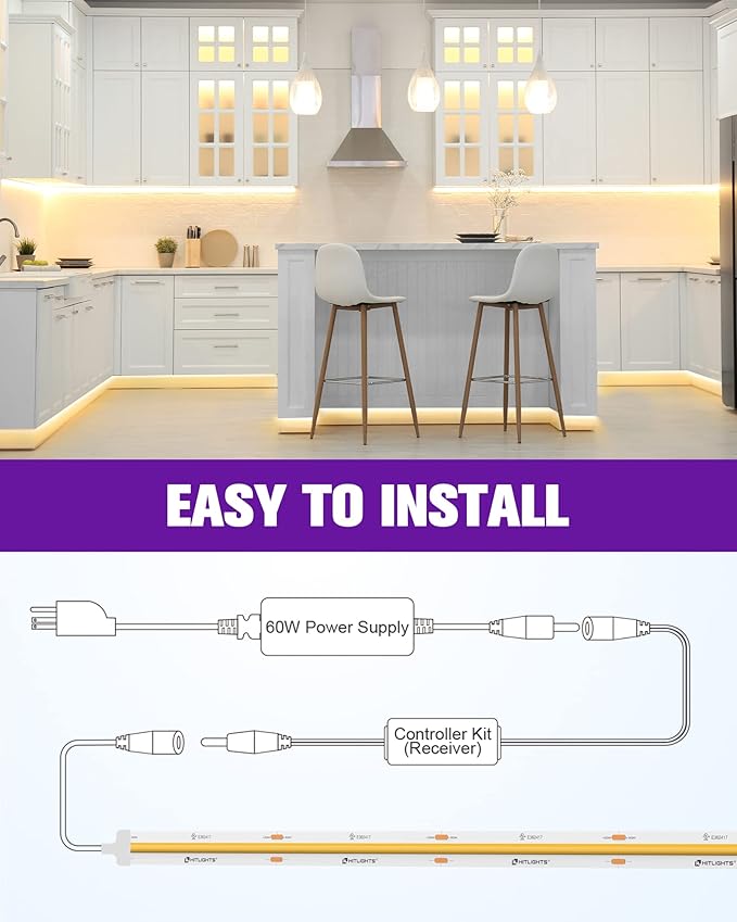 HitLights COB LED Strip Lights Kit Warm White with Remote & 24V Power Supply,16.4ft Dimmable Tape Light 3000K, 2560LEDs, 350+LM/FT, UL Listed, Flexible Rope Lights for Bedroom Kitchen Cabinet Lighting