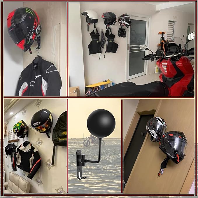 SANGMO 6 Pack 180° Motorcycle Helmet Holder Wall Mount, Rotation Metal Helmet Rack, Helmet Holder Bike with 2 Hooks Helmet Hanger for Motorcycle Bike Coats, Caps, Baseballs, Rugby Helmet (Black)
