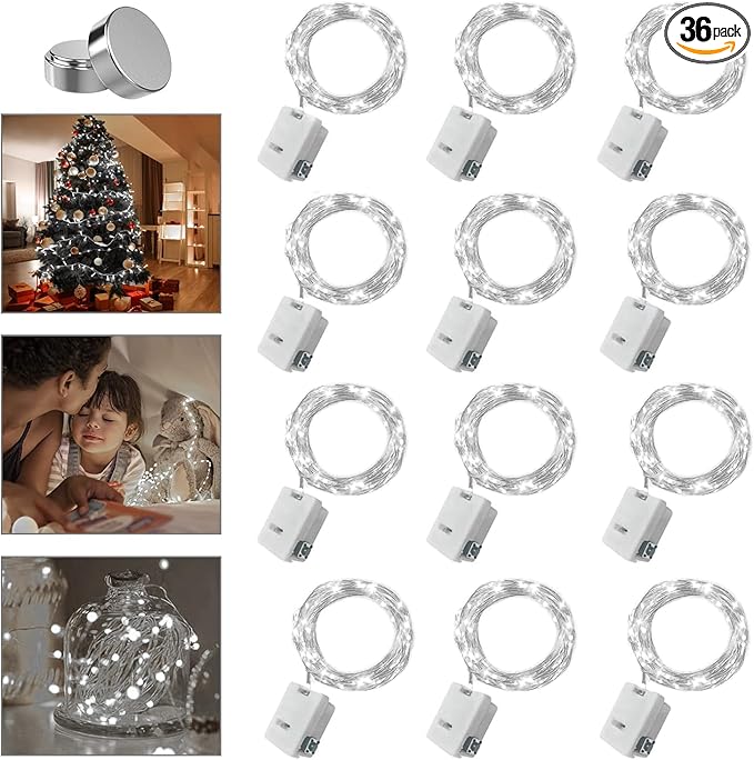 36 Pack Fairy Lights Battery Operated, 3 Speed Modes, Extra 40 Batteries for Replacement, 7Ft 20 LED Mini String Lights, Waterproof Copper Wire, Twinkle Firefly Lights for Christmas Decorations,White