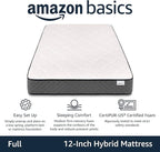 Amazon Basics Memory Foam Mattress, Full Size Mattress, Hybrid, 12 Inch, Medium Feel, Motion Isolation Springs, White/Gray