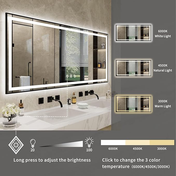 Bathroom Mirrors for Wall, 72x32 Inch Black Framed Gradient Front and Backlit Smart Mirror, 3 Colors Dimmable CRI>90, IP54 Enhanced Anti-Fog Wall Mounted Bathroom Mirror Frame