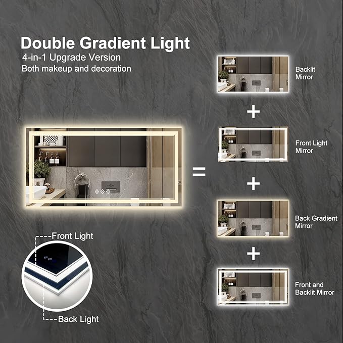 Backlit Bathroom Mirror, 55x30 Inch Gradient Front and Backlit Mirror, 3 Colors Dimmable CRI>90 Double Lights, IP54 Enhanced Anti-Fog, Hanging Plates Wall Mount LED Bathroom Mirror