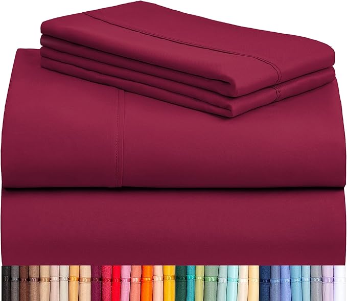 LuxClub 4 PC Queen Sheet Set, Breathable Luxury Bed Sheets, Deep Pockets Wrinkle Free Cooling Sheets Machine Washable Hotel Bedding Silky Soft - Burgundy Queen