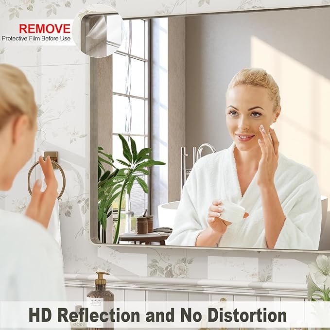 32x36 Inch Brushed Nickel Bathroom Mirror, Brushed Silver Metal Framed Wall Mirror, Rounded Corner Rectangle Modern Vanity Mirror, Tempered Glass, Anti-Rust, Shatterproof (Horizontal/Vertical)