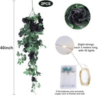 RECUTMS Hanging Flowers Black Artificial Rose Flower 2PCS 3.3Ft for Outdoors with 30 LED Fairy String Lights Fake Indoor Wall Wedding (Black)