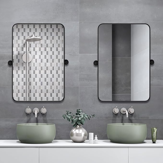 28" x 36" Pivot Rectangle Bathroom Mirror Tilting Beveled Black Metal Framed Vanity Mirrors for Wall, Tempered Glass