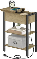 HOOBRO End Table with Charging Station, Narrow Side Table, Flip Top Nightstand with USB Ports and Outlets, Bedside Tables with Shelf for Small Spaces, Living Room, Sunwashed Ash Oak BHH341BZ01
