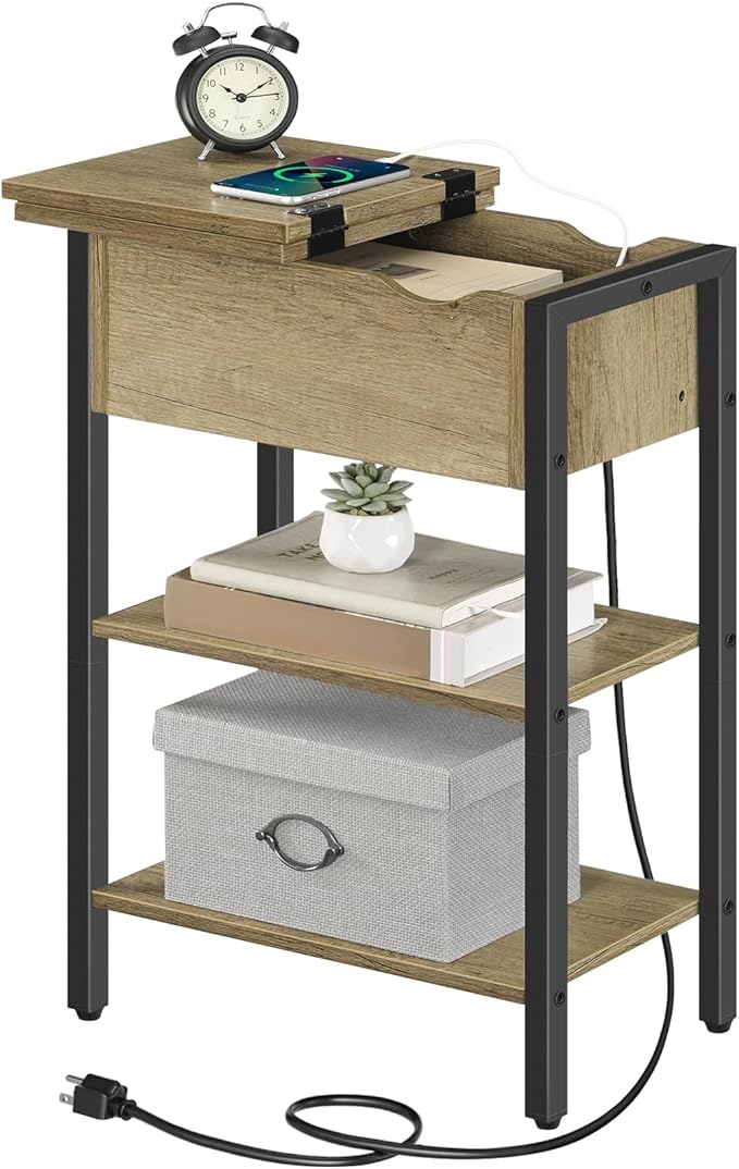 HOOBRO End Table with Charging Station, Narrow Side Table, Flip Top Nightstand with USB Ports and Outlets, Bedside Tables with Shelf for Small Spaces, Living Room, Sunwashed Ash Oak BHH341BZ01