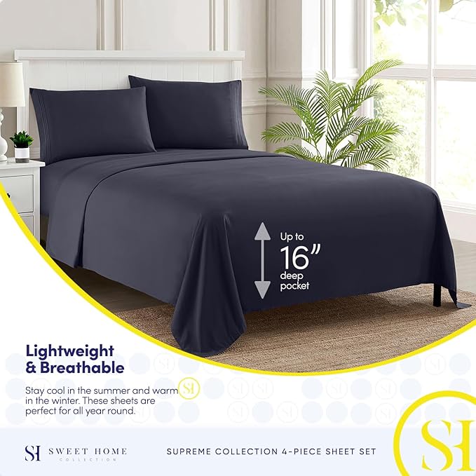 Twin Sheets - Breathable Luxury Sheets with Full Elastic & Secure Corner Straps Built In - 1800 Supreme Collection Extra Soft Deep Pocket Bedding Set, Sheet Set, Twin, Navy