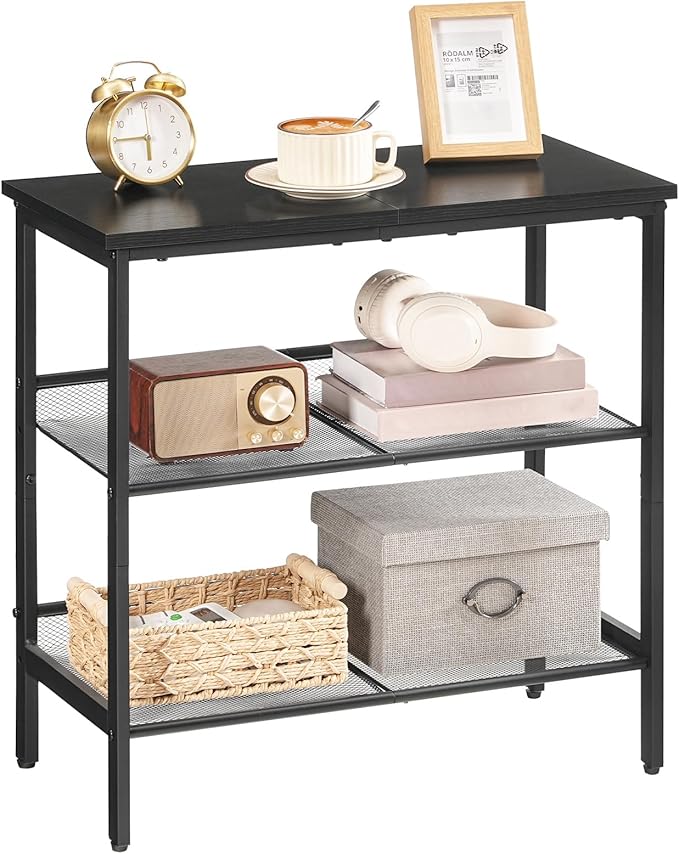 HOOBRO Black Side Table, 3-Tier Metal Side Table, Small Black Table with 2 Flat or Slant Adjustable Shelves for Small Spaces, Hallway, Living Room, Bedroom, Sturdy, Easy Assembly, Black BB23BZ01G1