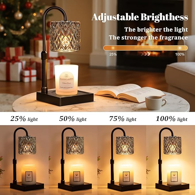 Hong-in Dark Grey Candle Warmer Lamp with Timer -Dimmable Adjustable Height Wax Melt Warmer for Jar Candles,Vintage Home Decor with Elegant Clear Glass,Birthday Gifts for Women, Mom, Friend, Sister