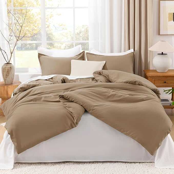 Litanika Taupe Comforter Set Queen Size, 3 Pieces Solid Bedding Comforter Set, All Season Fluffy Bed Set (90x90In Comforter & 2 Pillowcases)