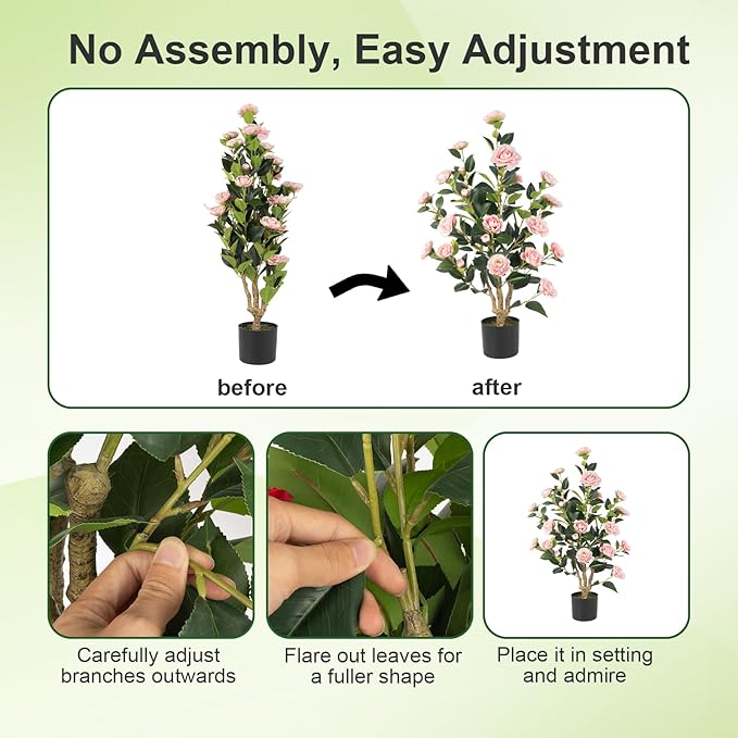 Artificial Camellia Tree 2 Pack, 36’’ Faux Camellia Plant in Pot with Pink Flowers, Greenery Potted Plant for Indoor Outdoor Office Home Porch Decor, Pink