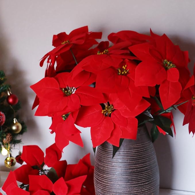 3 Pack Christmas Artificial Poinsettia Flowers Stem Bouquets Outdoors with 15pcs 8.2 Inch Red Poinsettia Flowers Heads for Christmas Tree, Xmas Garland, Vase, Window Box, Porch Home Decorations