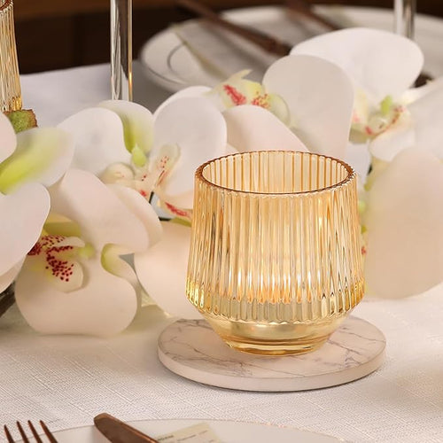 12 Pcs Large Gold Votive Candle Holders- 3.15"×3.15" Ribbed Gold Votives, Gold Tea Lights Candle Holders Votive Holders for Wedding Table Decor, Gold Glass Candle Holders for Table Centerpieces