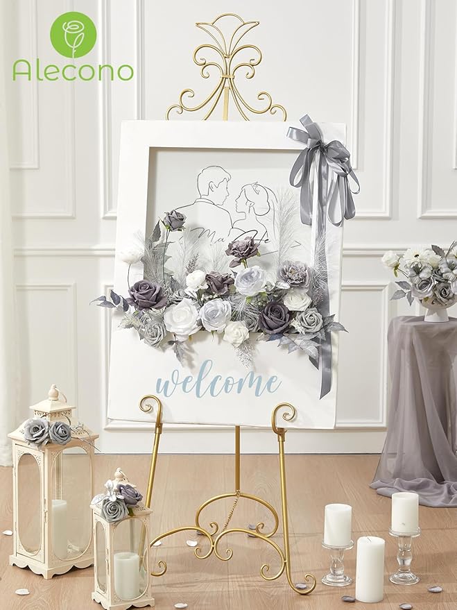 Alecono Artificial Flowers, Silver Silk Fake Flowers for DIY Wedding Cake, Grey Faux Flowers for Table Centerpieces Baby Shower Birthday Party Home Decorations