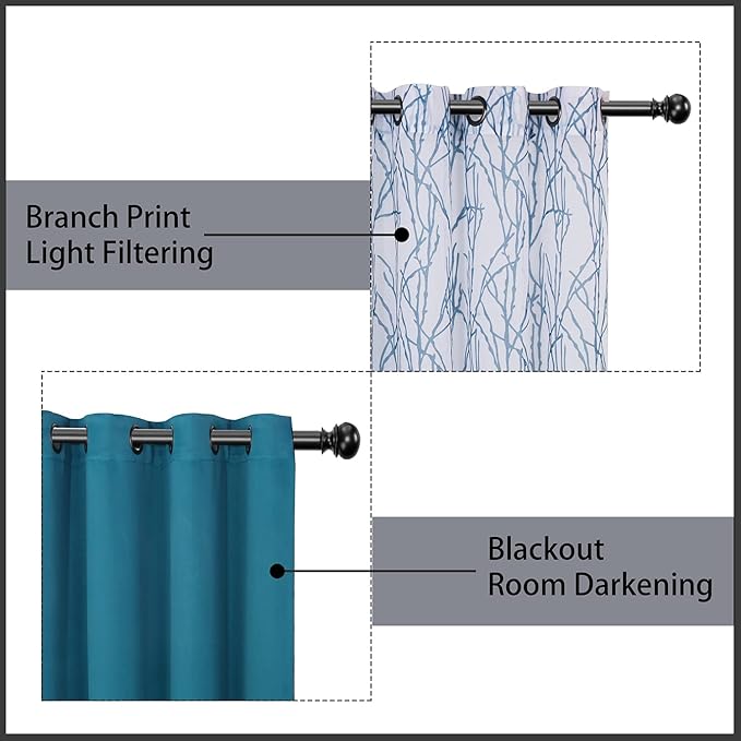BONZER Mix and Match Curtains - 2 Pieces Branch Print Sheer Curtains and 2 Pieces Blackout Curtains for Bedroom Living Room Grommet Window Drapes, 54x95 Inch/Panel, Teal, Set of 4 Panels