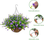 Artificial Hanging Flowers Basket, 12 UV-Resistant Bundles of Realistic Fake Flowers, Faux Plants for Outdoor Decor, Home, Garden, Porch, Patio, Spring & Summer Decorations, Purple