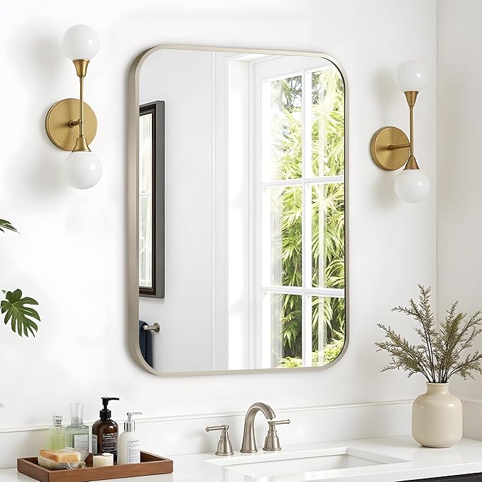 24"x36" Brushed Nickel Bathroom Vanity Mirror for Over Sink, Rounded Rectangle Silver Metal Frame Mirror for Wall, Living Room, Entryway, Vertical or Horizontal