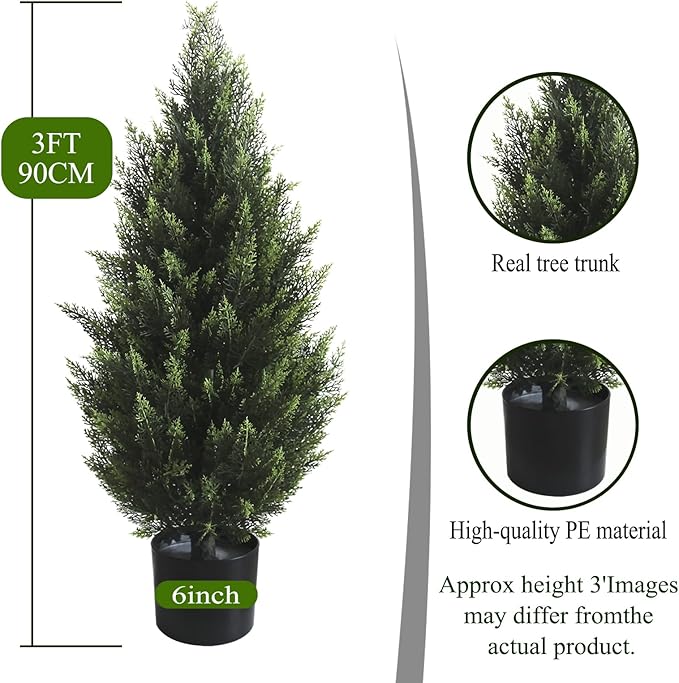3FT Artificial Topiary Tree Realistic Faux Cedar Pines Christmas Trees UV Rated Fake Shrubs for Front Porch Faux Plants Indoor and Outdoor Decor (2 Pack)