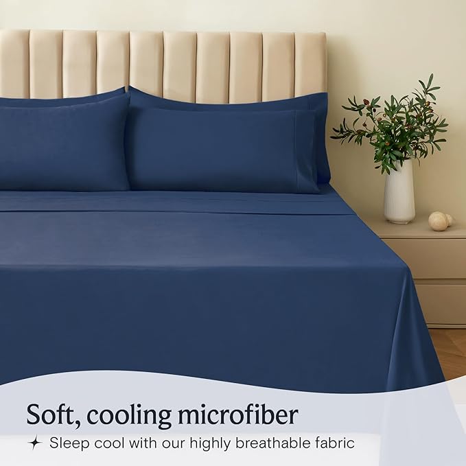 LuxClub 5 PC Split King Sheet Set, Breathable Luxury Bed Sheets, Deep Pockets Wrinkle Free Cooling Sheets Machine Washable Hotel Bedding Silky Soft - Navy Split King