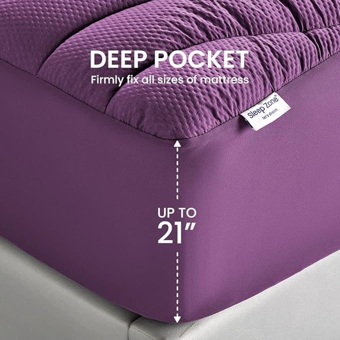 SLEEP ZONE Cooling Mattress Topper Cal King, Premium Zoned Quilted Mattress Pad, Pillow Top Mattress Protector Cover, Machine Wash Durable, Deep Pocket 8-21 inch, Purple, Cal King