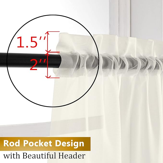 Aiyufneg Ivory Window Valances Sheer Curtains, Modern Top Dual Rod Pocket Light Filtering Voile Drapes for Small Window Kitchen Cafe Sheer Curtains 2 Panels, 40W x 14L Inch