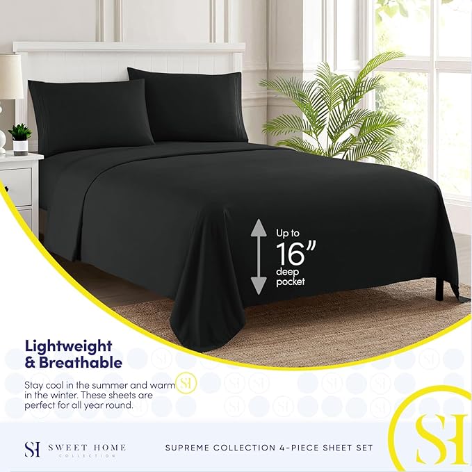 Full Size Sheet Sets - Breathable Luxury Sheets with Full Elastic & Secure Corner Straps Built In - 1800 Supreme Collection Extra Soft Deep Pocket Bedding Set, Sheet Set, Full, Black