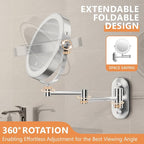 Auxmir 1X/30X Wall Mounted Makeup Mirror with Light, 8" Rechargeable Double-Sided Magnifying Mirror, Vanity Mirror Dimmable 3 Color Light, 360° Extension Rotation Foldable 14.5 Inch Arm, Chrome