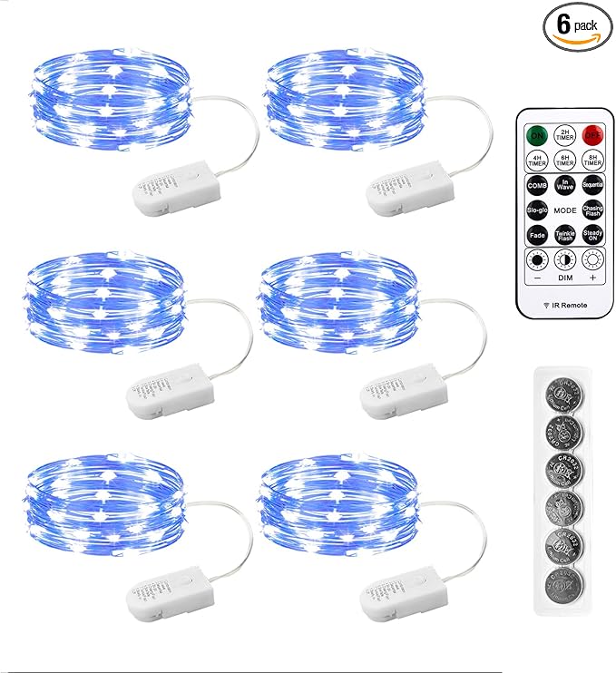 6PCS Fairy Lights Battery Powered with Remote, 7ft 20LEDs Blue Twinkle Mini Lights with Timer, Waterproof Small Silver Wire Firefly Starry for DIY Wedding Party Christmas
