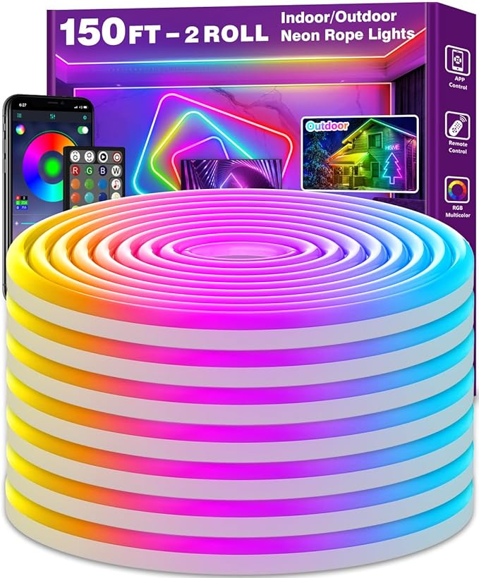 AILBTON 150Ft Neon Rope Lights,Flexible Led Rope Lights Control with App/Remote,Multiple Modes Rope Lights,IP65 Outdoor RGB Led Neon Light Waterproof,Music Sync Gaming